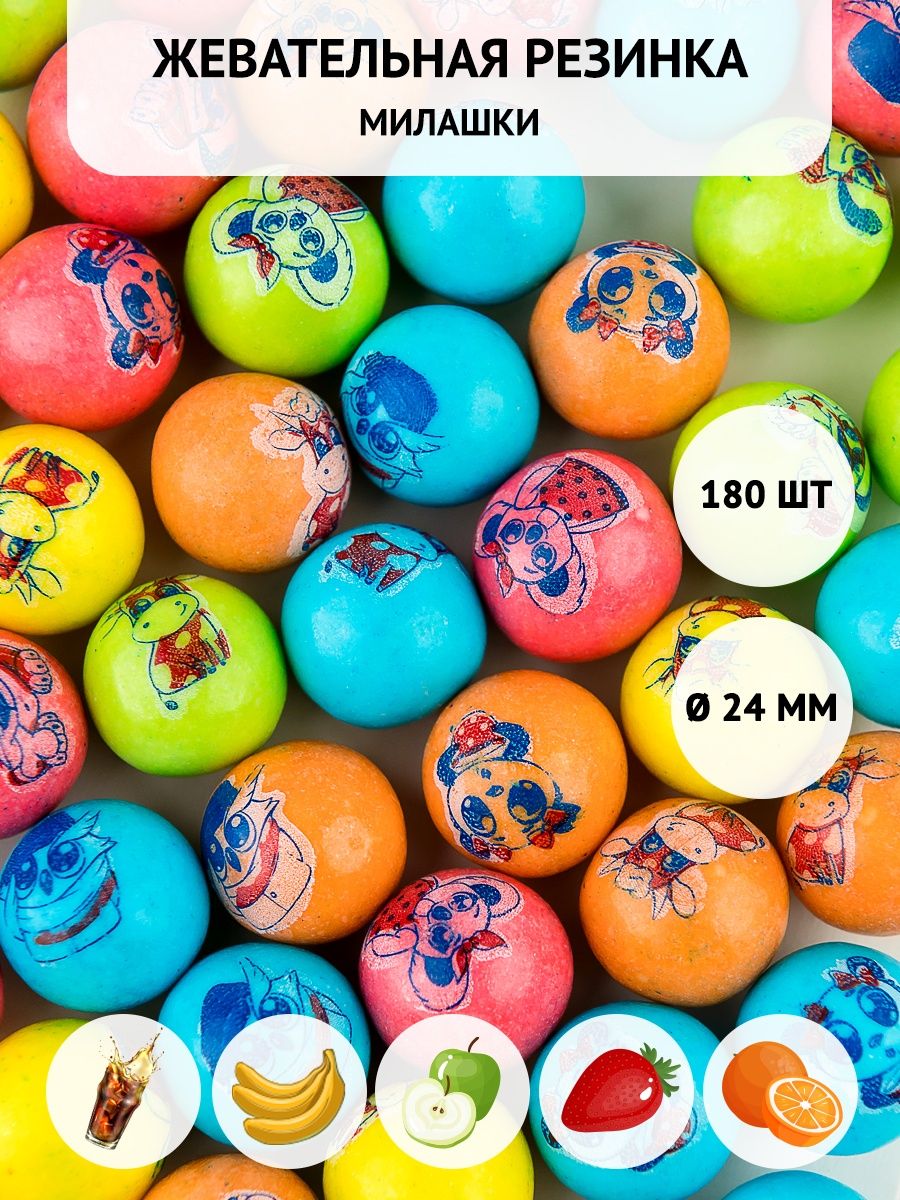 Жвачка круглая Gumballs с рисунком банан, яблоко, клубника 24мм, 180 шт