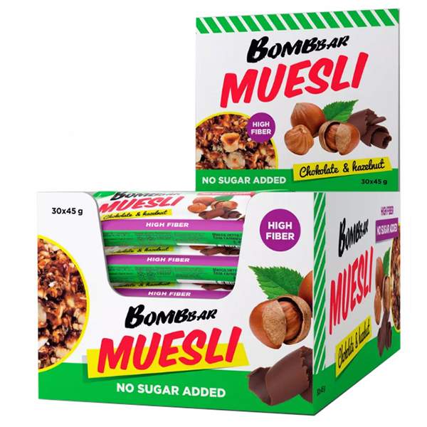 

Мюсли-батончик BOMBBAR, Muesli, Шоколад-фундук, 30 шт по 45 г, Muesli