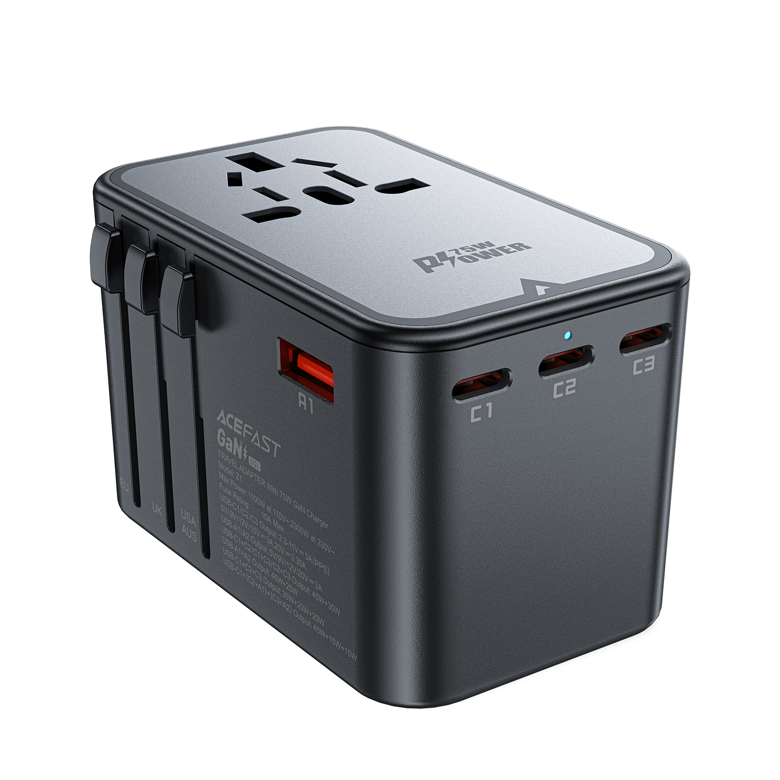 

Зарядное устройство Acefast Z1 PD 75W GaN (3xUSB-C+2xUSB-A) черно-серый, Z1