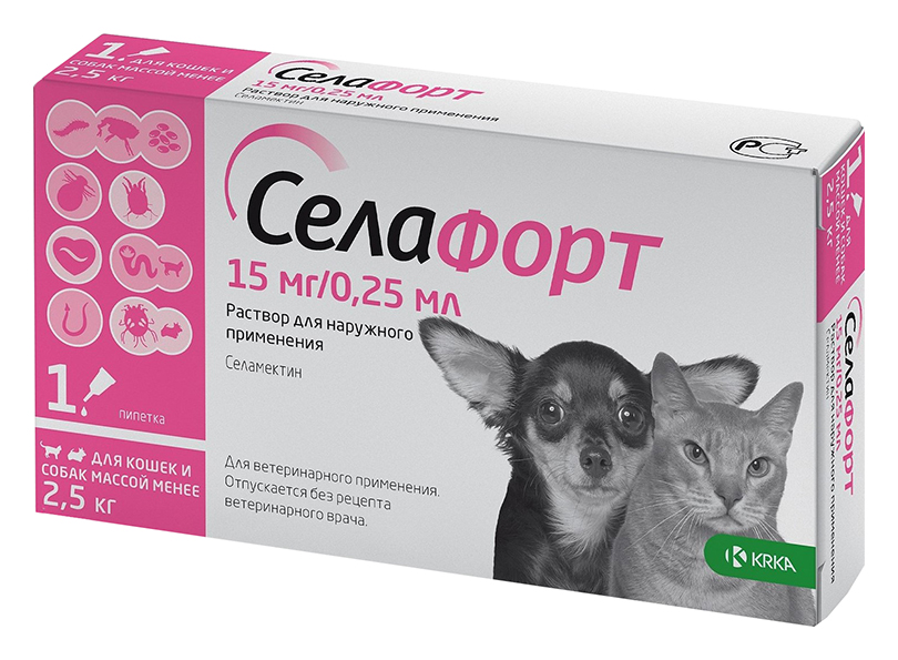 Капли антипаразитарные для кошек KRKA Селафорт, масса до 2,5 кг, 15 мг/0,25 мл