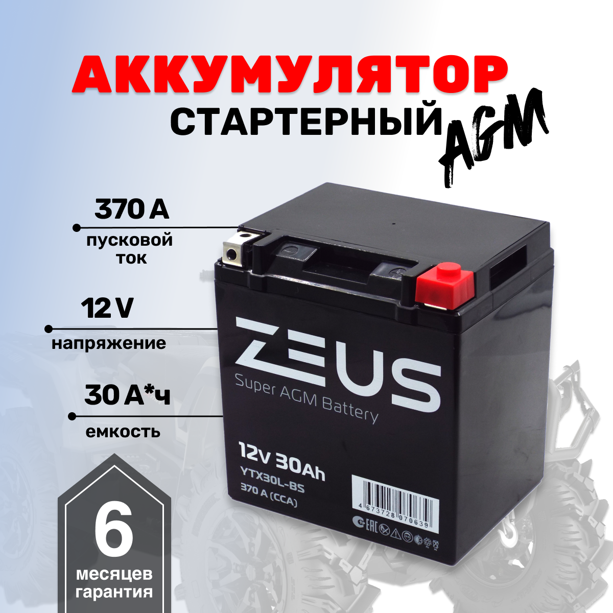 Аккумулятор ZEUS SUPER AGM 30 А*ч о.п. (YTX30L-BS, CT 1230)