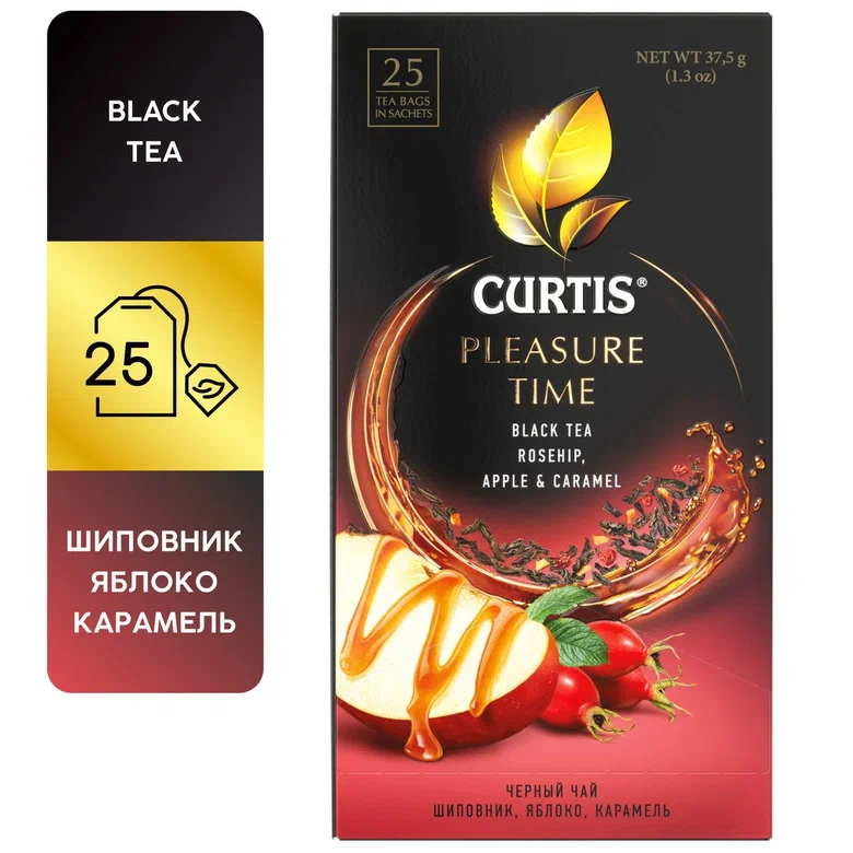 фото Чай черный в пакетиках curtis pleasure time 25 шт., c шиповником, яблоком и карамелью