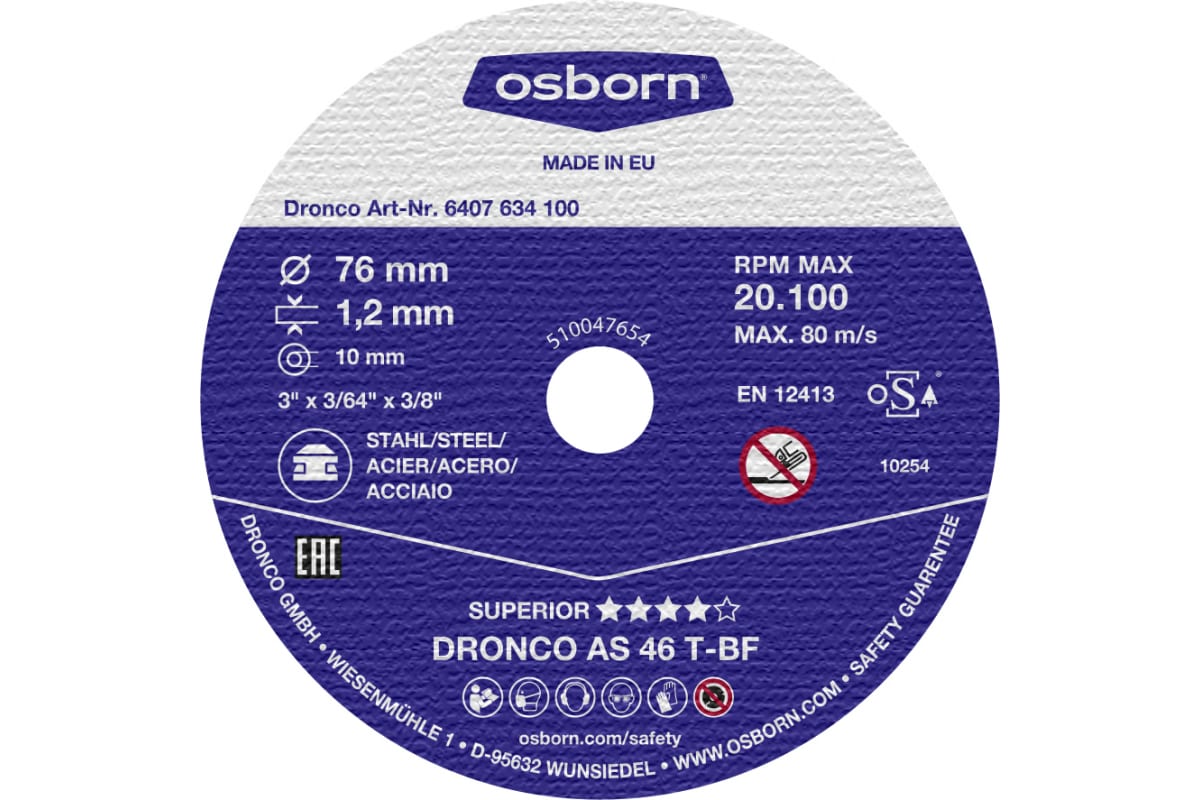 

Отрезной диск по металлу Superior AS46T Mini (76х1.2х10 мм) DRONCO 6407634100