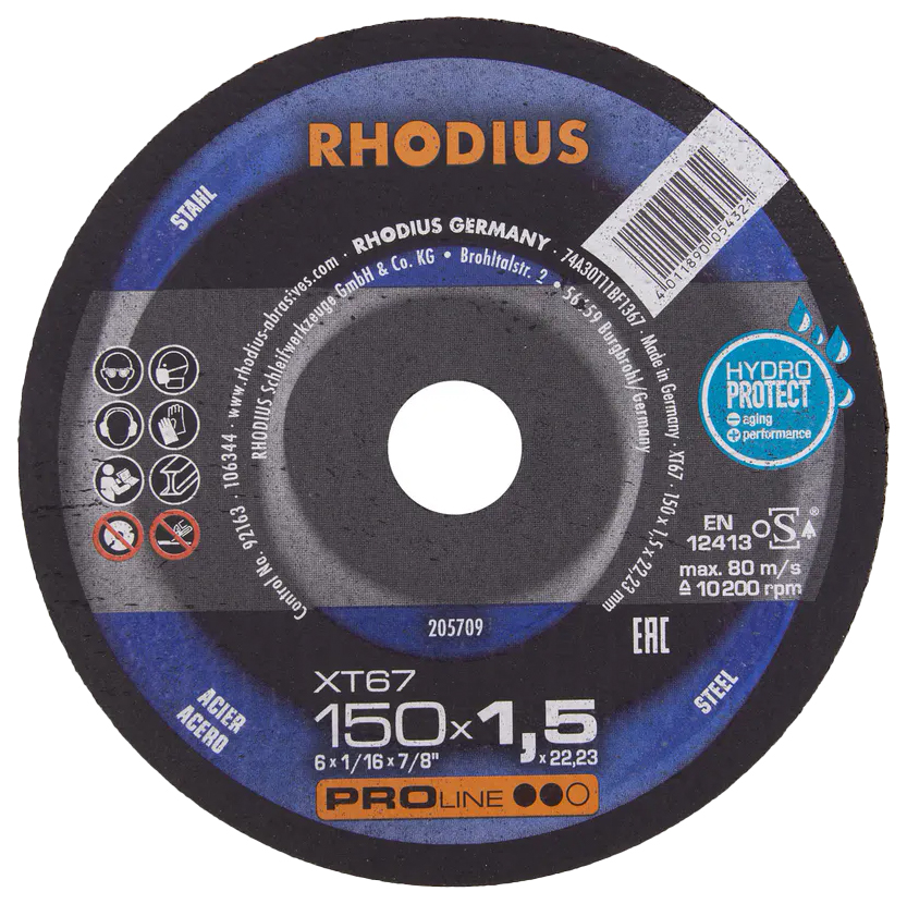 Отрезной тонкий диск HydroProtect RHODIUS по стали для болгарки/УШМ, чистый рез без искр,