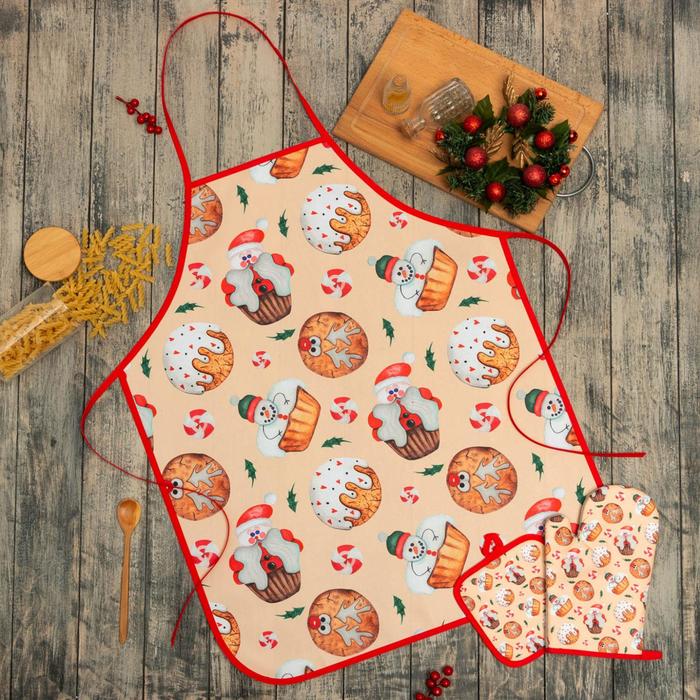 

Кухонный новогодний наборChristmas прихватка 17*17см, варежка 26*16 см, фартук 60*80 см,п/, Бежевый;красный, Кухонный новогодний набор Доляна Christmas прихватка 17*17см, варежка 26*16 см, фартук 60*80 см,100% п/э