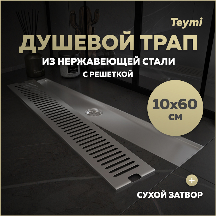 Душевой трап сухой затвор вертикальный выпуск Teymi Helmi 10х60 решетка нержавейка T90333 3120₽