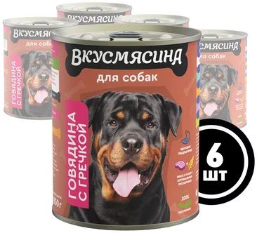 Консервы для собак ВКУСМЯСИНА с говядиной и гречкой, 6 шт по 850 г