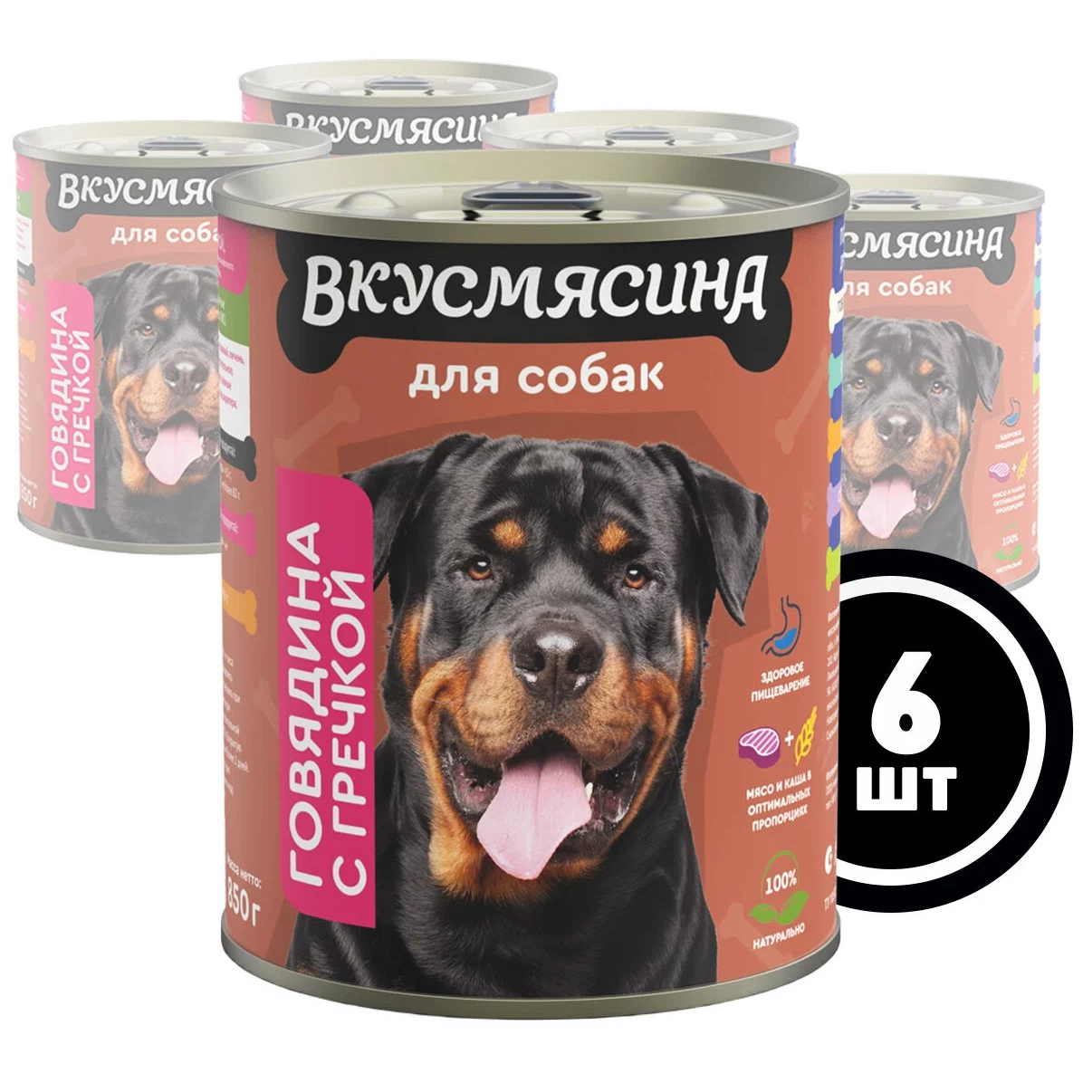 

Консервы для собак ВКУСМЯСИНА с говядиной и гречкой, 6 шт по 850 г