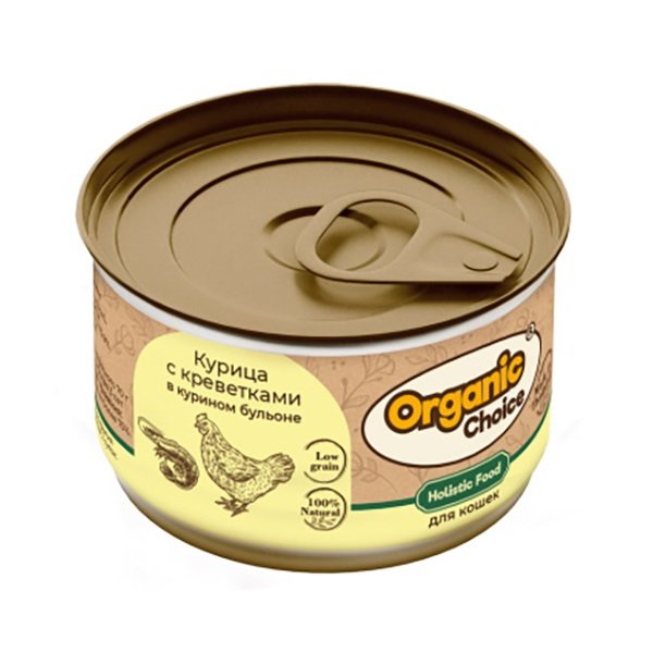 

Консервы для кошек Organic Сhoice Low Grain, курица, креветки в бульоне, 24шт по 70г