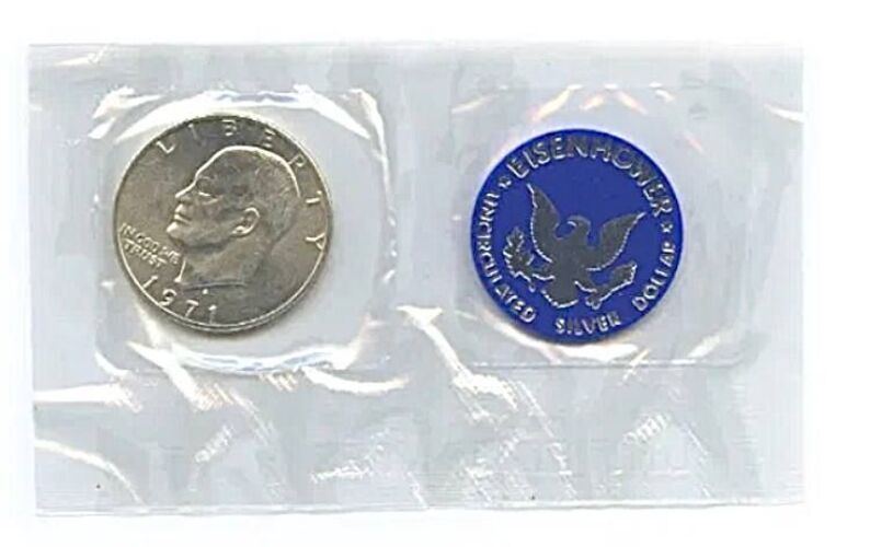 Серебряная монета 1 доллар в запайке с жетоном Эйзенхауэр, S, США, 1971 UNC