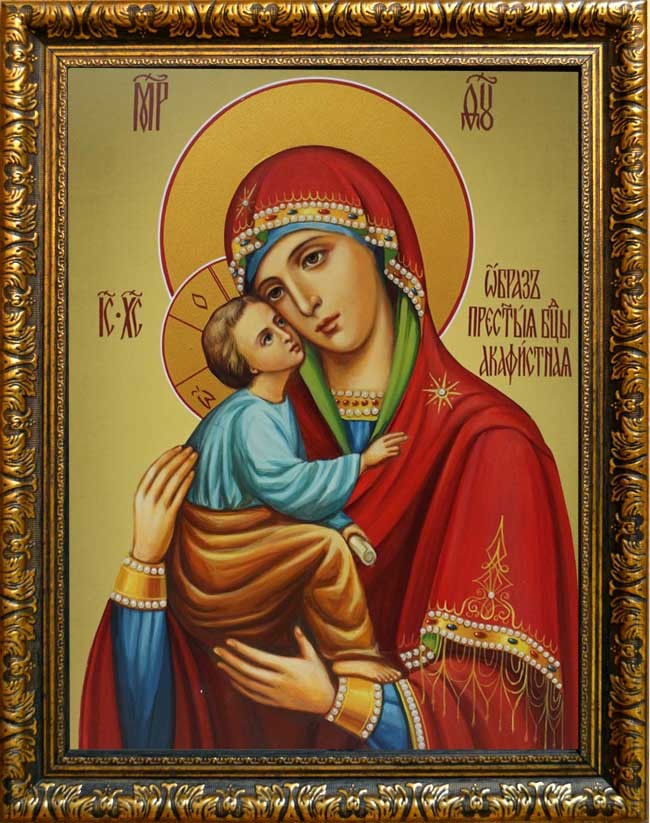 

Акафистная икона Божьей Матери на холсте.