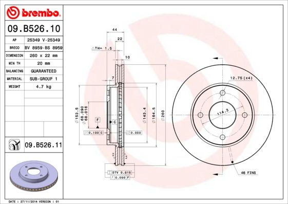 

Тормозной диск brembo комплект 1 шт. 09b52610