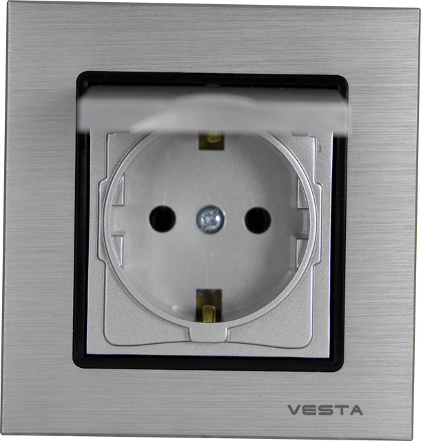 Розетка Vesta-Electric Exclusive Silver Metallic одинарная с заземлением с крышкой