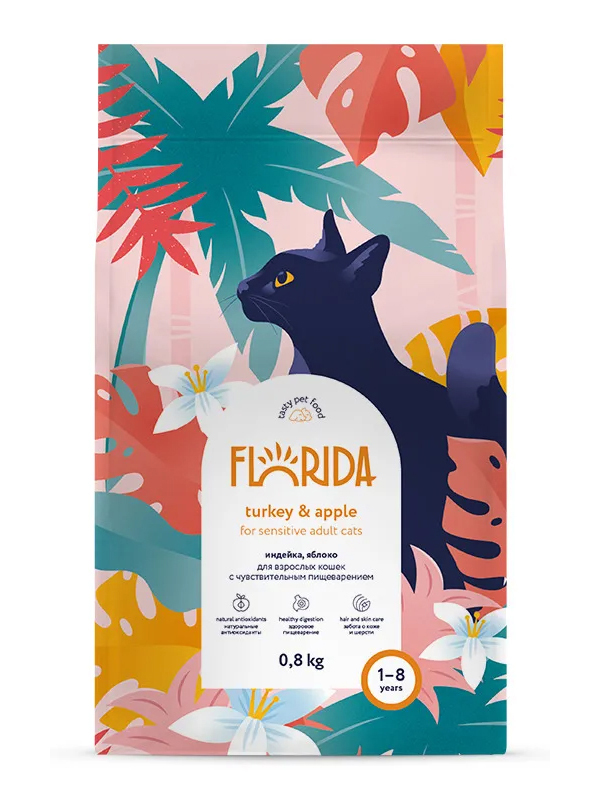 фото Сухой корм для кошек florida с индейкой и яблоком, с чувствительным пищеварением, 0,8кг