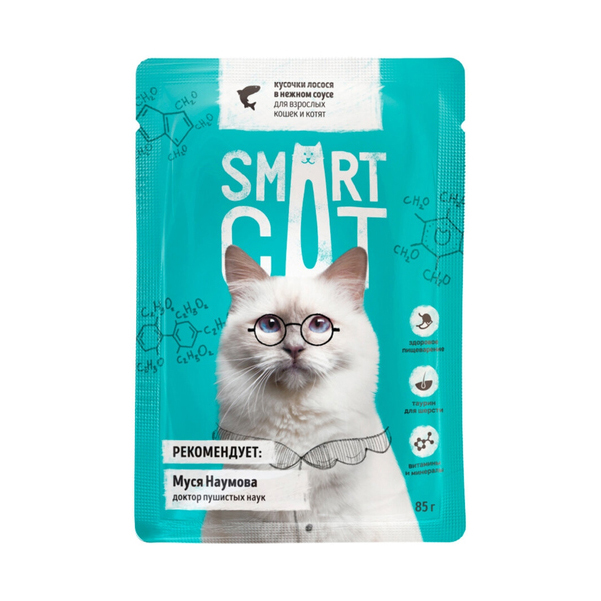 фото Влажный корм для кошек и котят smart cat кусочки лосося в соусе 6шт по 85г