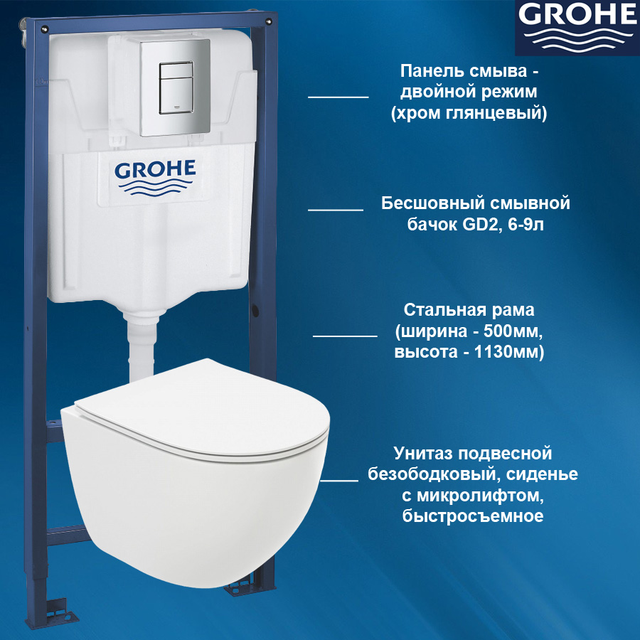 

Комплект инсталляция и унитаз подвесной GROHE Rapid SL 38772001T2, Rapid SL