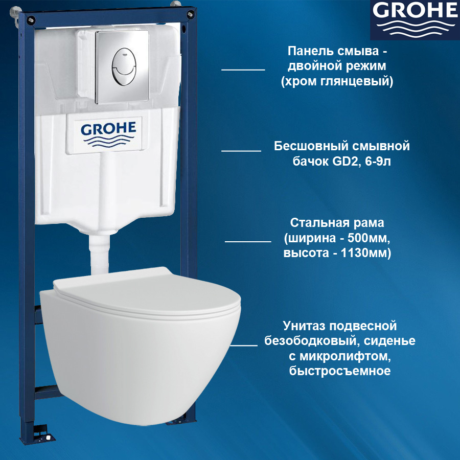 Комплект инсталляция и унитаз подвесной GROHE Rapid SL 38721001T3 белый глянцевый