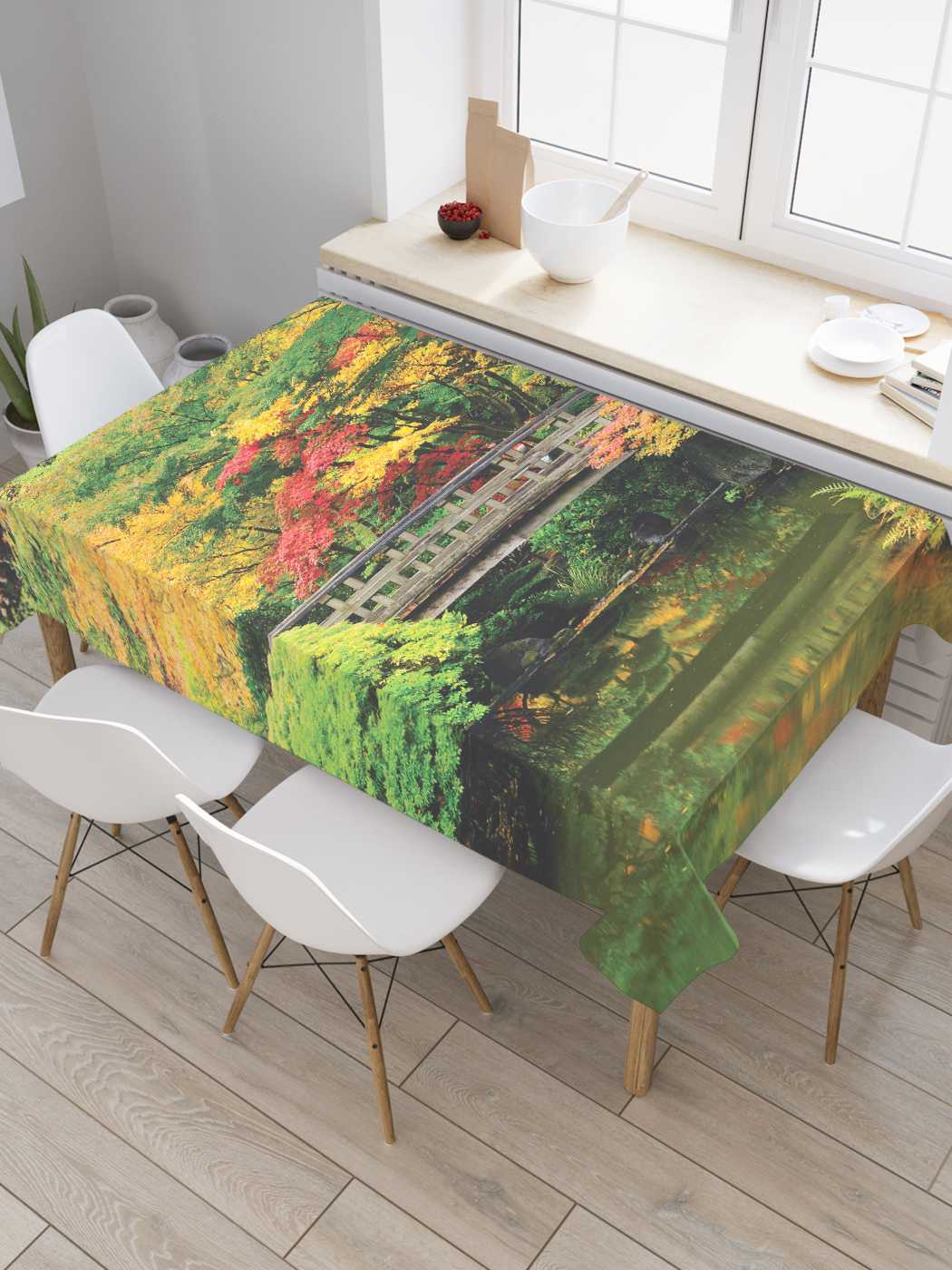 

Скатерть прямоугольная JoyArty "Мост над лесной рекой" из сатена, 120x145 см, Зеленый, Мост над лесной рекой