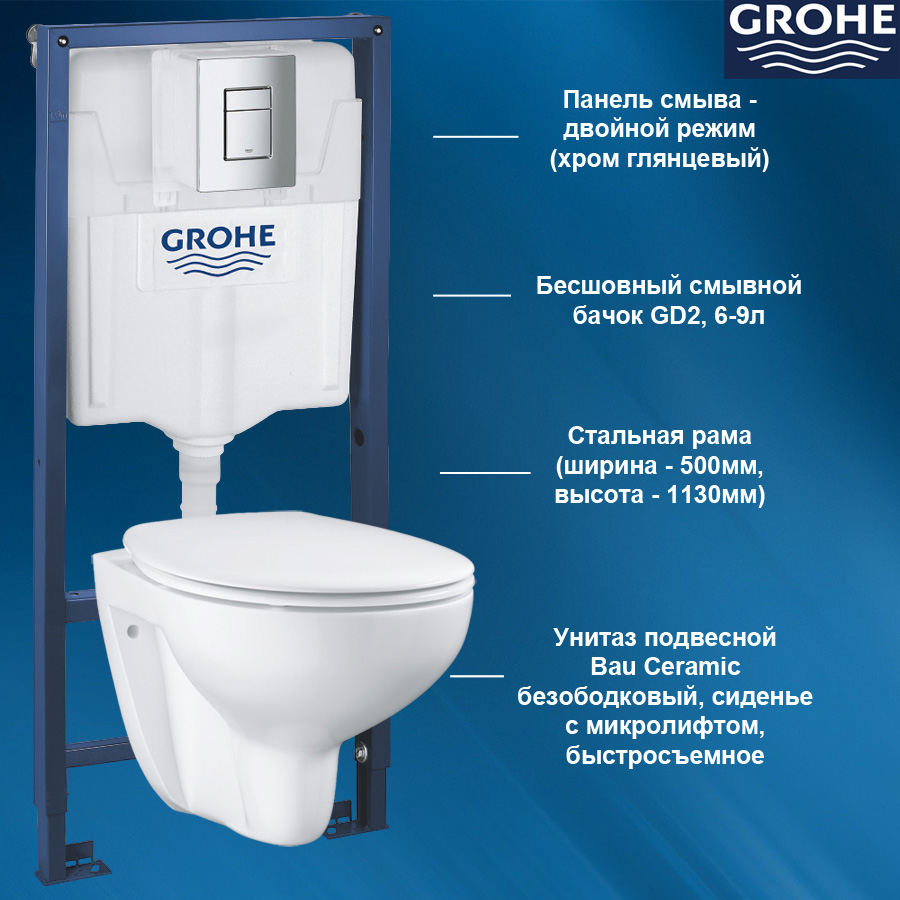 

Комплект инсталляция и унитаз подвесной GROHE Rapid SL Bau 38772001G1, Rapid SL Bau