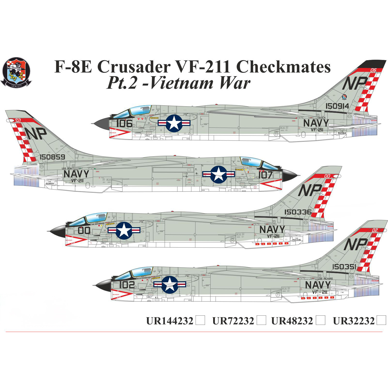 Декаль UpRise 1/48 для F-8E Crusader VF-211 Checkmates Pt.2, с тех. надписями, FFA UR48232