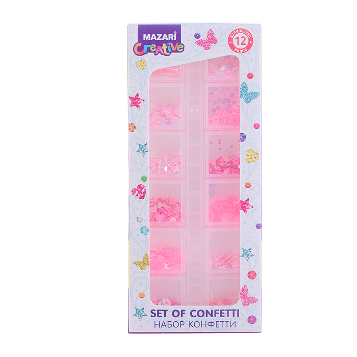 Набор конфетти, 12 цветов пластиковая коробка (ш-5,5см,в-13см), 15 видов в ассорт