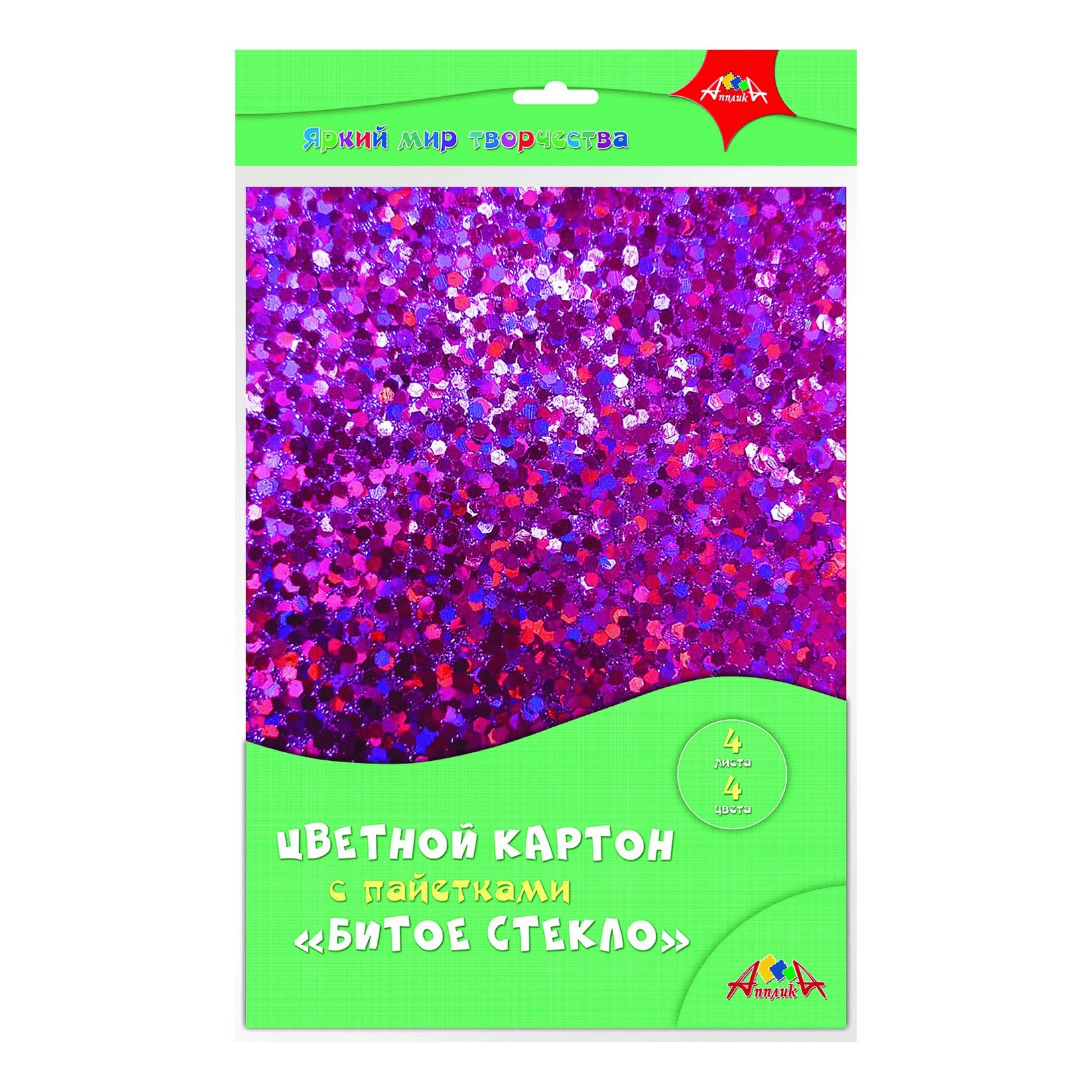 

Картон АппликА Битое стекло с пайетками А4 4 цвета 4 листа, Разноцветный