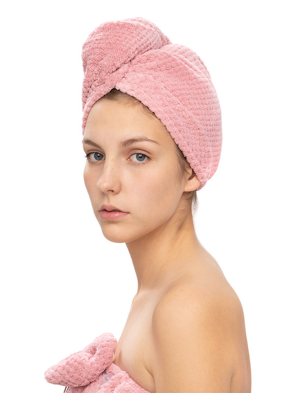 Тюрбан - повязка для сушки волос DeNASTIA 25x65см, микрофибра соты розовый Q000055