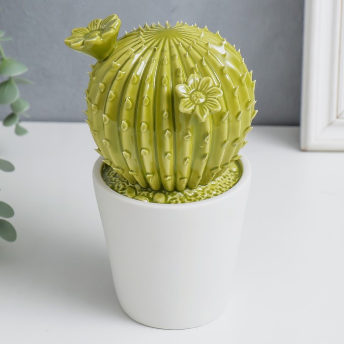 фото Сувенир керамика "кактус цветущий в горшке" зелёный 11х12х21 см nobrand