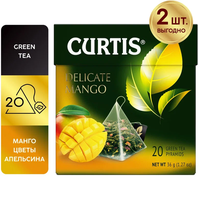

Чай зеленый Curtis Delicate Mango, с добавками, 20 пирамидок, 2 упаковки
