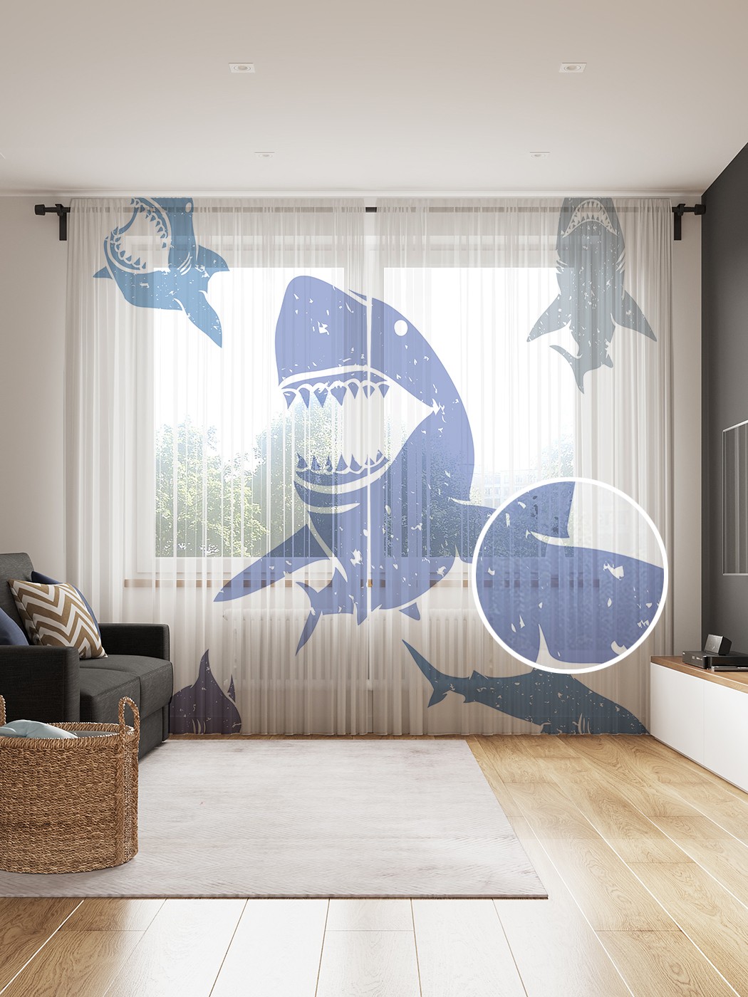 

Фототюль JoyArty "Голодные акулы", 145x265см (2 полотна со шторной лентой + 50 крючков), Голодные акулы