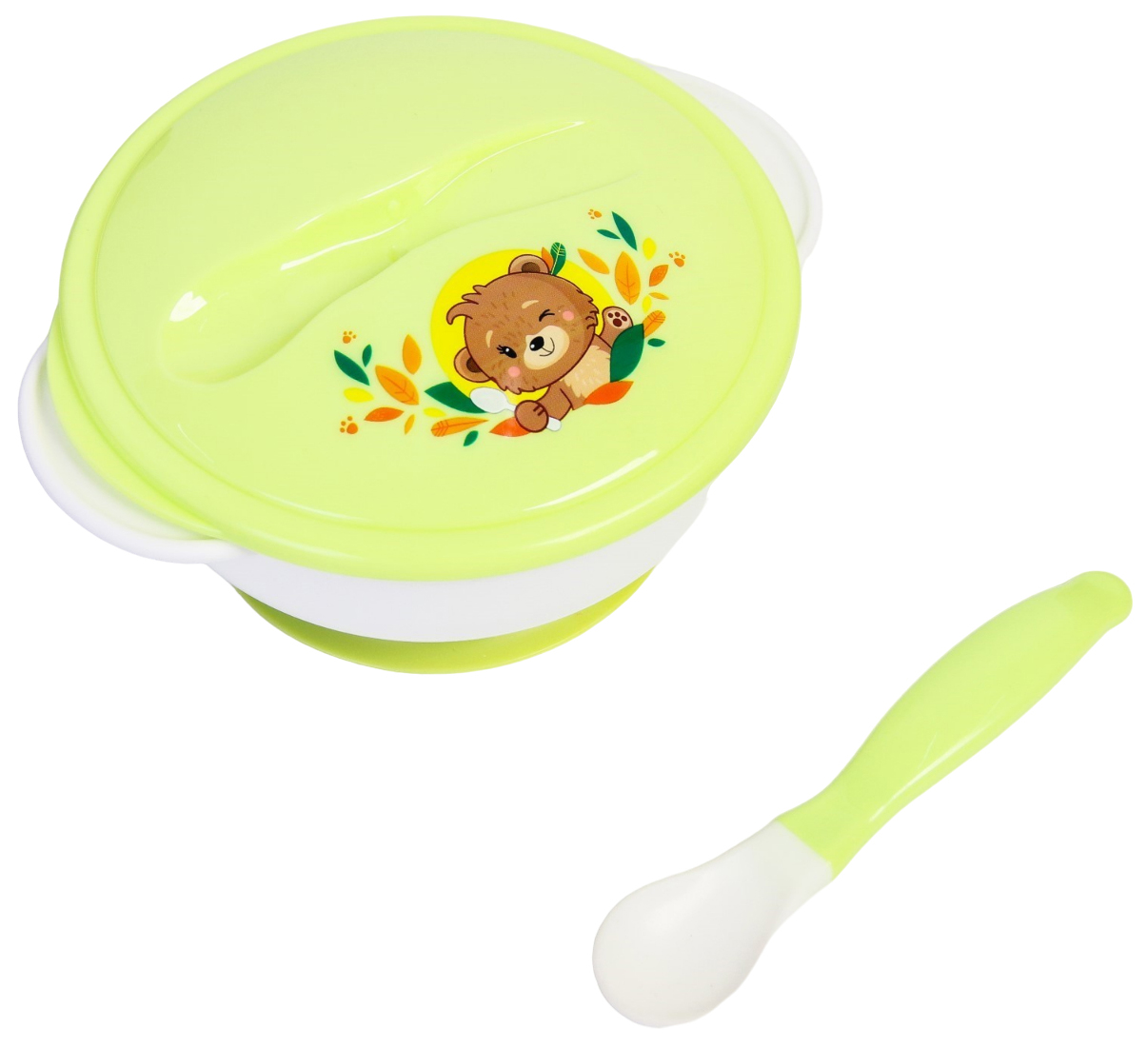 Набор детской посуды Друзья, 3 предмета: тарелка на присоске, крышка, ложка, цвет зелёный