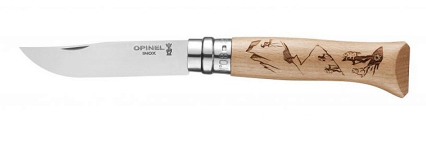 фото Нож opinel №8 alpine adventures, нержавеющая сталь, рукоять дуб, гравировка пеший туризм