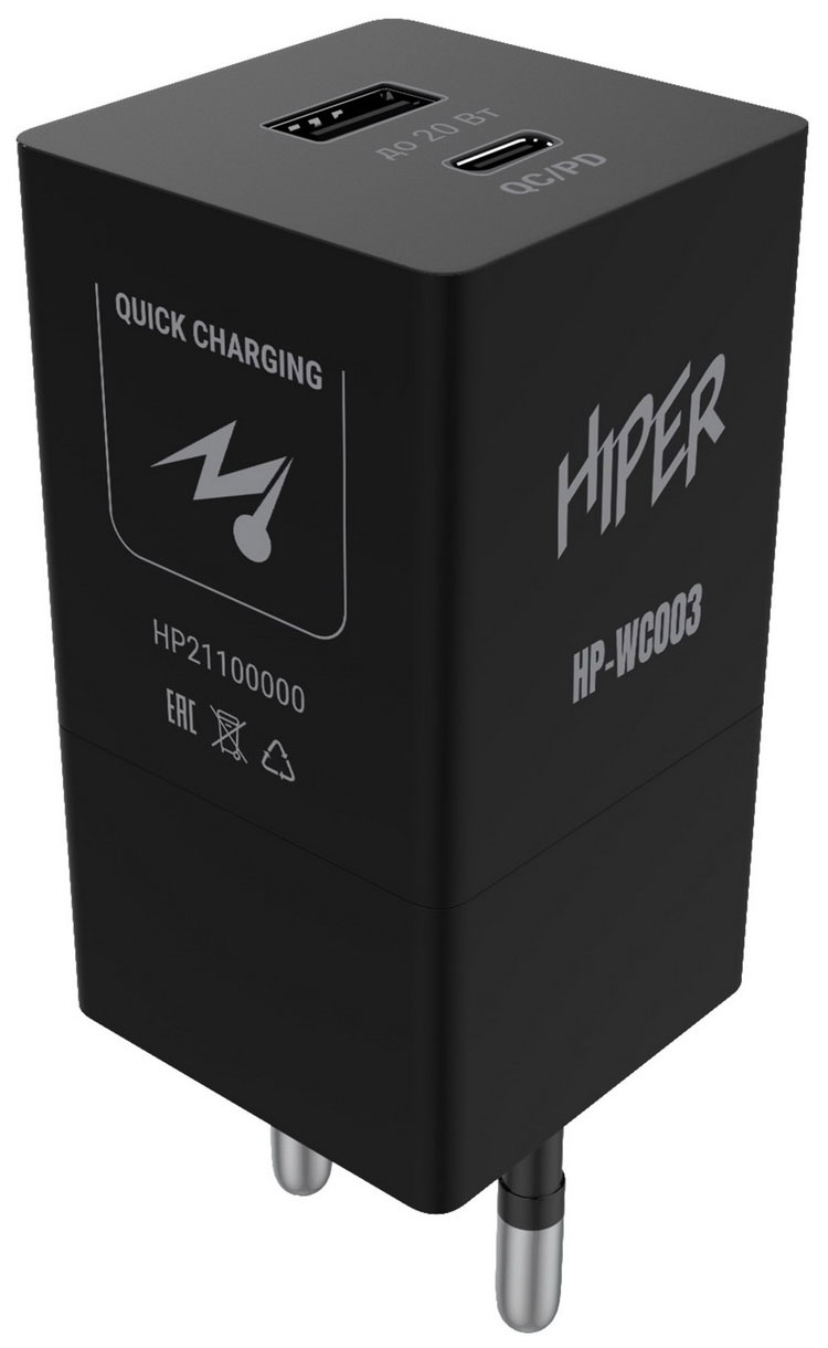 фото Сетевое зарядное устройство hiper hp-wc003 1xusb type-c, 1xusb 3 а черный