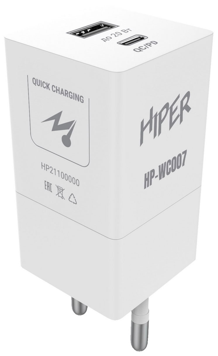 фото Сетевое зарядное устройство hiper hp-wc007 1xusb type-c, 1xusb 3 а белый