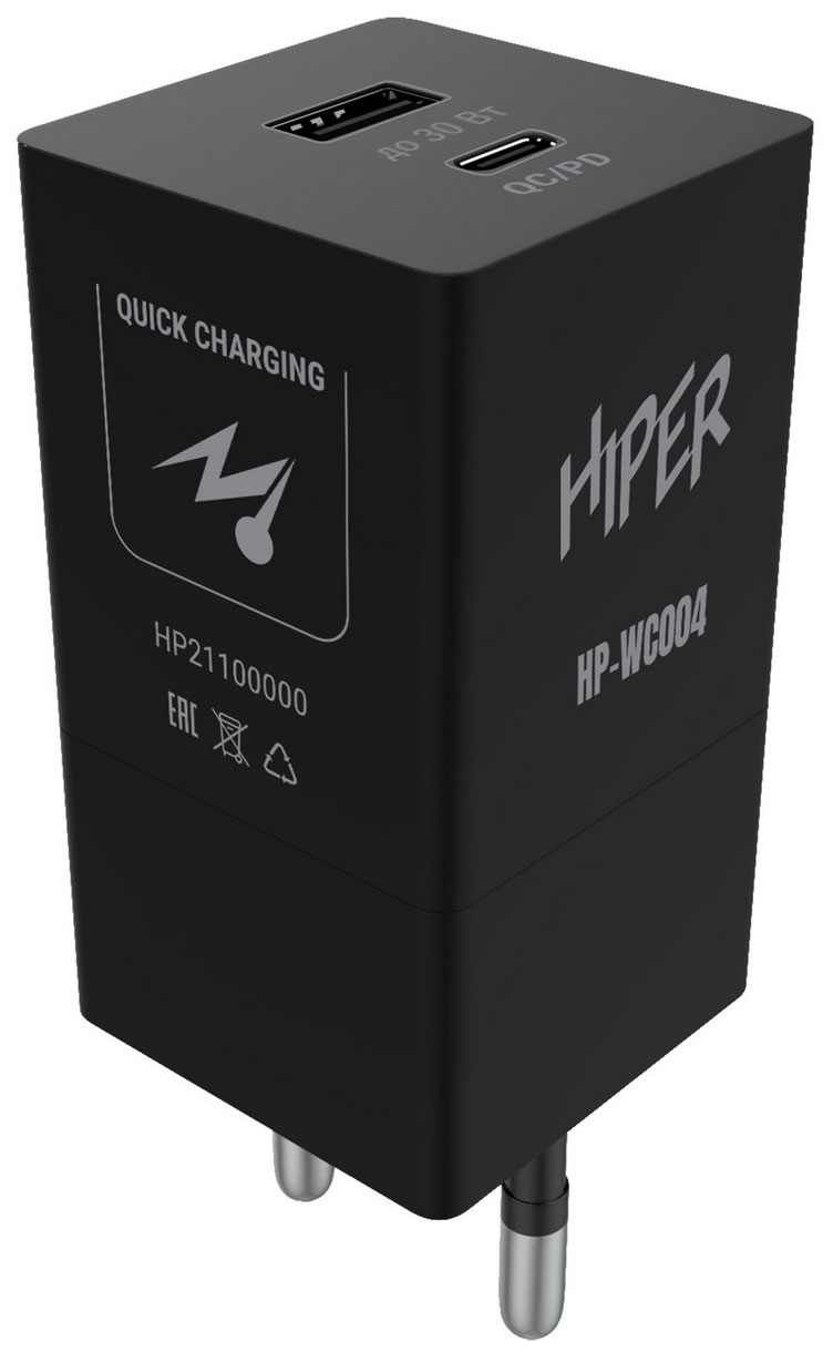 Сетевое зарядное устройство HIPER HP-WC004 1xUSB Type-C, 1xUSB 3 А черный