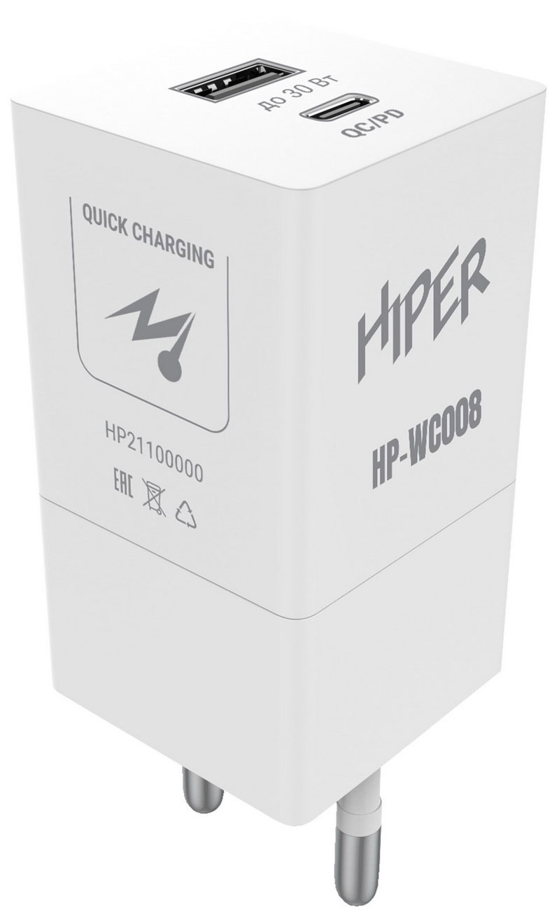 Сетевое зарядное устройство HIPER HP-WC008 1xUSB Type-C, 1xUSB 3 А белый