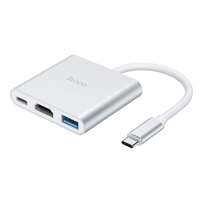 Переходник хаб Hoco HB14 Easy use Type-C adapter (Type-C to USB3.0+HDMI+PD), серебристый