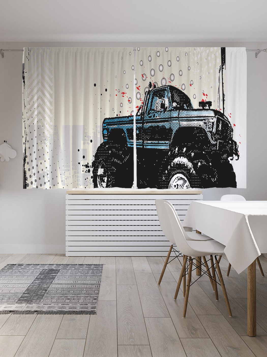 фото Шторы joyarty с фотопечатью "пикап на больших колесах" из сатена, 290х180 см