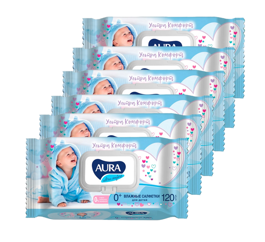 фото Детские влажные салфетки aura ultra comfort, с алоэ и витамином е, 120 шт., 6 упаковок