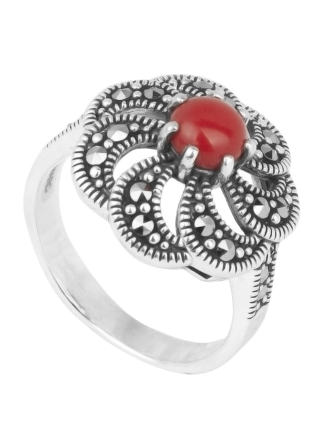 

Кольцо из серебра с марказитом/кораллом искусственным р. 17,5 Марказит HR610, HR610_марказит, коралл синт.