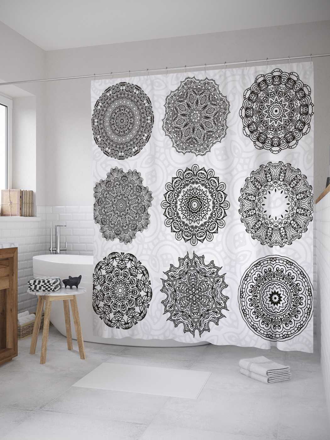 

Штора (занавеска) для ванной JoyArty "Виды мандалы" из сатена, 180х200 см с крючками, Фиолетовый