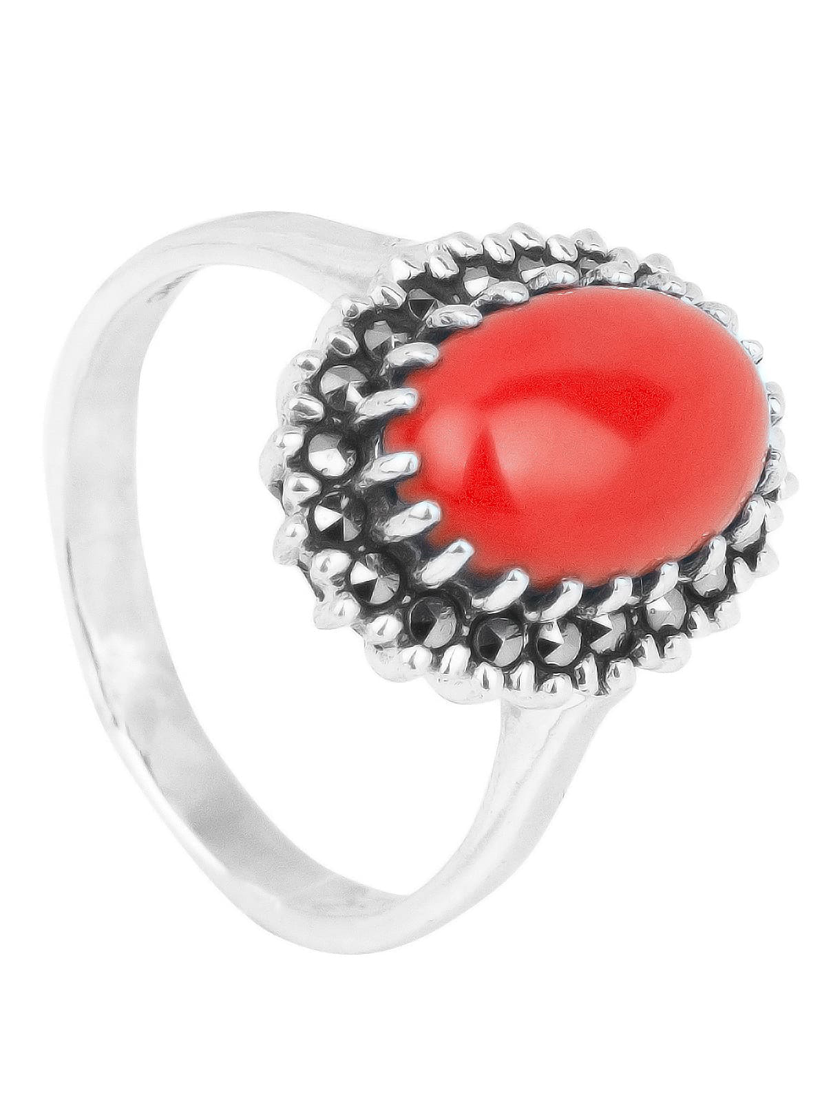

Кольцо из серебра с марказитом/кораллом искусственным р. 20 Марказит HR736, HR736_марказит, коралл синт.
