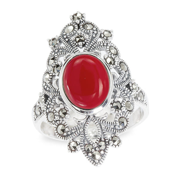 

Кольцо из серебра с марказитом/кораллом искусственным р. 18 Марказит HR942, HR942_марказит, коралл синт.