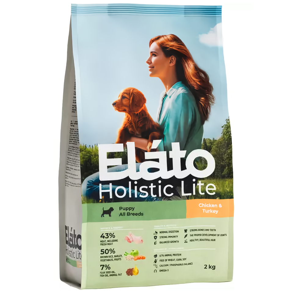 Сухой корм для щенков Elato Holistic Lite, с курицей и индейкой, 2 кг