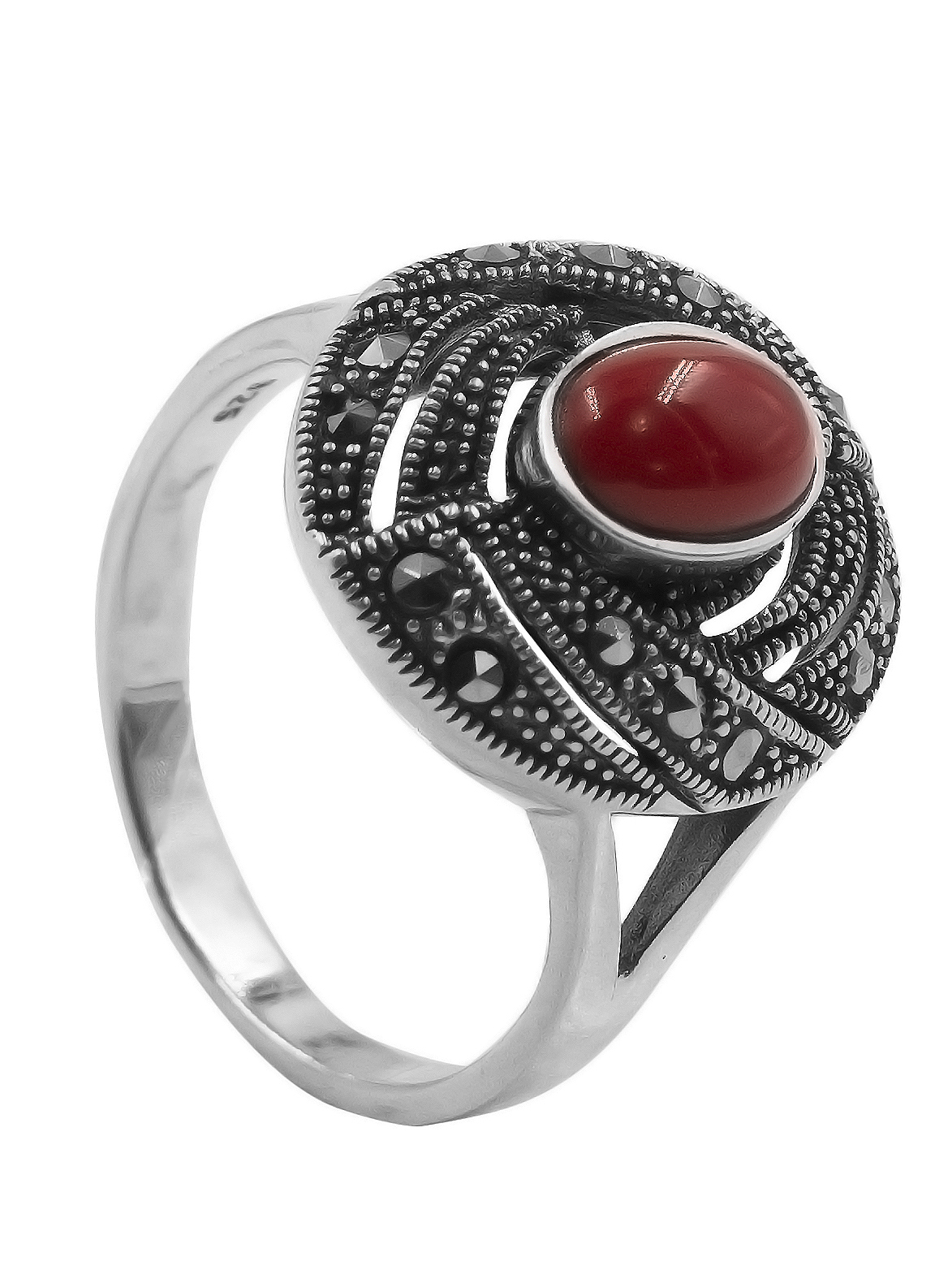 

Кольцо из серебра с марказитом/кораллом искусственным р. 19,5 Марказит HR969, HR969_марказит, коралл синт.