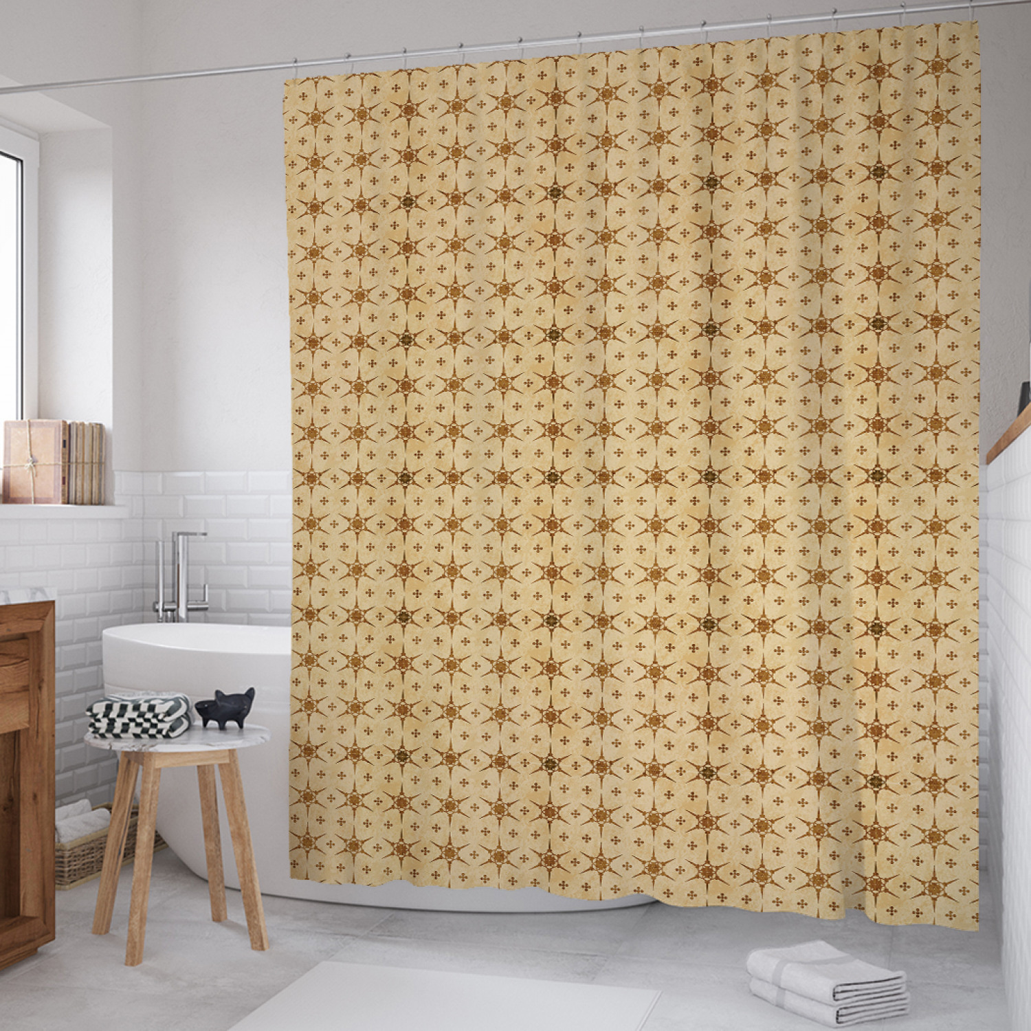 

Штора для ванной JoyArty "Лучистый орнамент" из сатена, 180х200 см с крючками, Бежевый, Лучистый орнамент