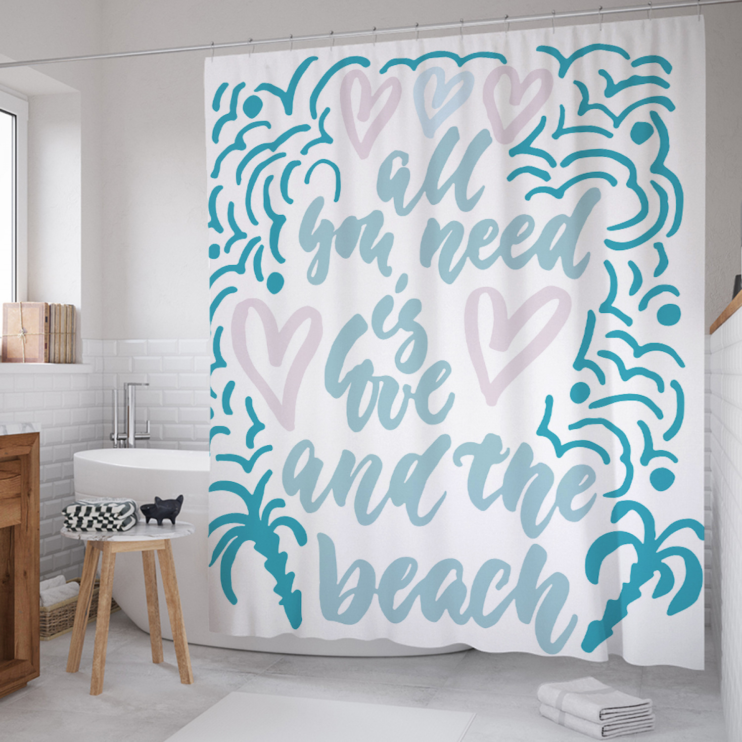 

Штора для ванной JoyArty "Все, что вам нужно, это любовь и пляж." из сатена, 180х200 см, Белый, Все, что вам нужно, это любовь и пляж.