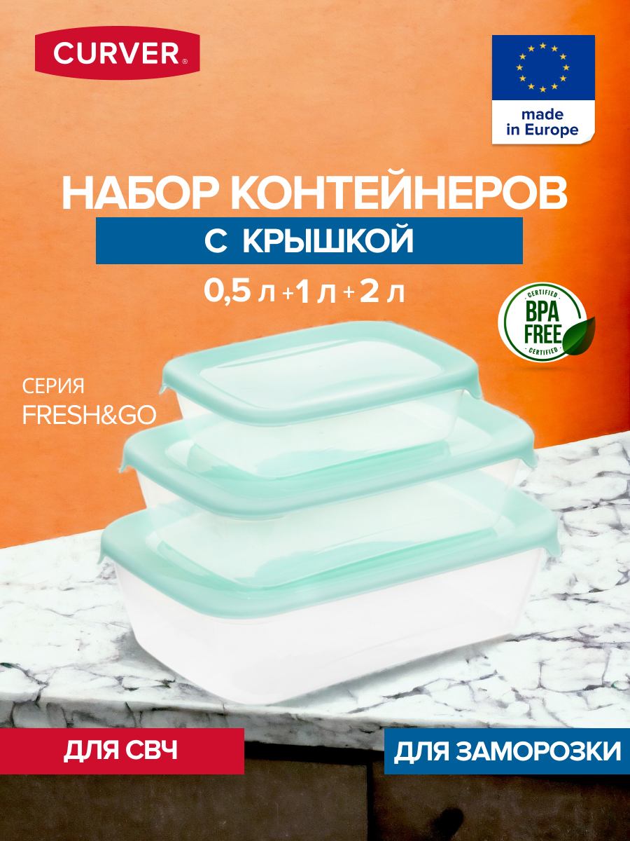 

Набор контейнеров для СВЧ Curver FRESH&GO 3 шт 2л+1л+05л, Голубой, FRESH