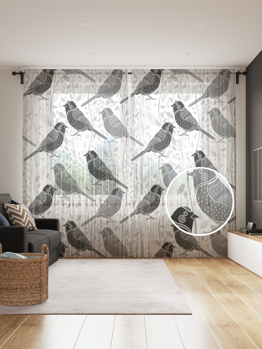 

Фототюль JoyArty "Воробьиный марш", 145x265см (2 полотна со шторной лентой + 50 крючков), Воробьиный марш