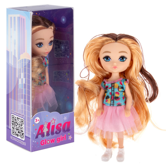 Кукла 1TOY ALISA GLOW GIRL c разноцветн волосами, гнущ коленями, 15 см, в розовой юбке